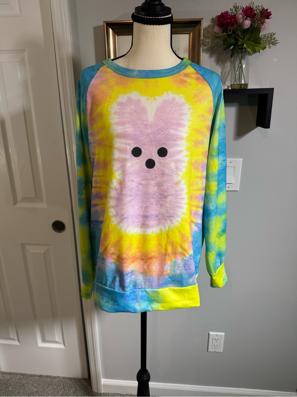 Tie-Dye Bunny Graphic Psychedelic Crewneck Sweater - Pink, Yellow & Blue